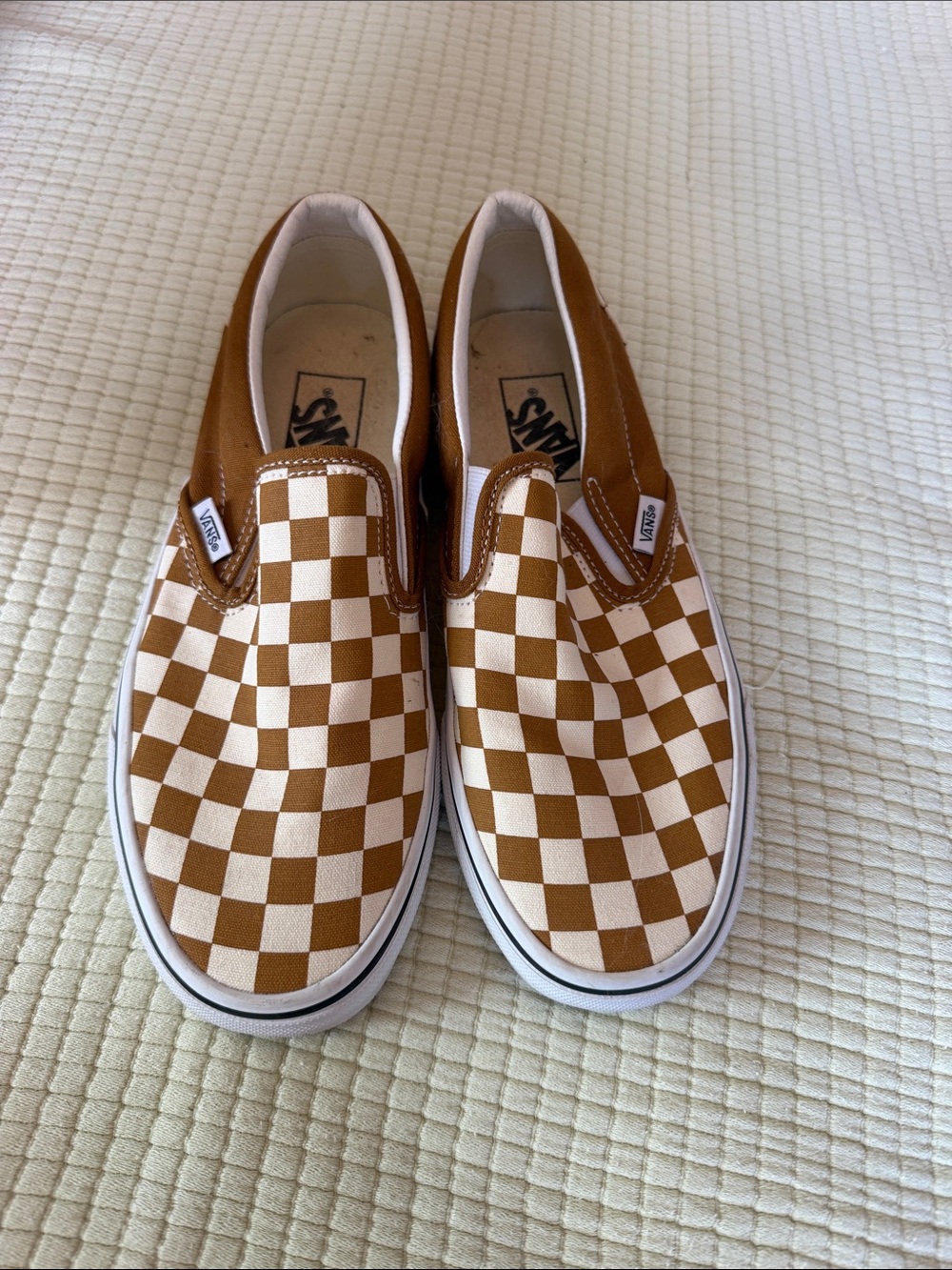 Vans Slip-On Sneakers in Tan and White Checkerboard